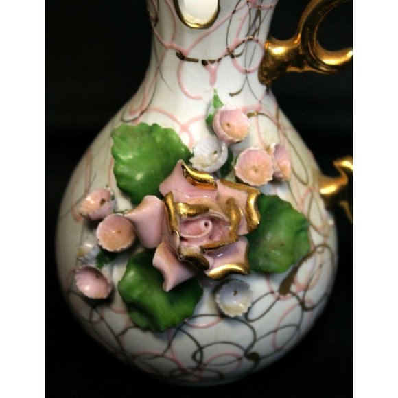 VTG Lefton China Pitcher Pink Rose Forget-Me-Nots Hand Painted Small Gold Swirls - Picture 5 of 8